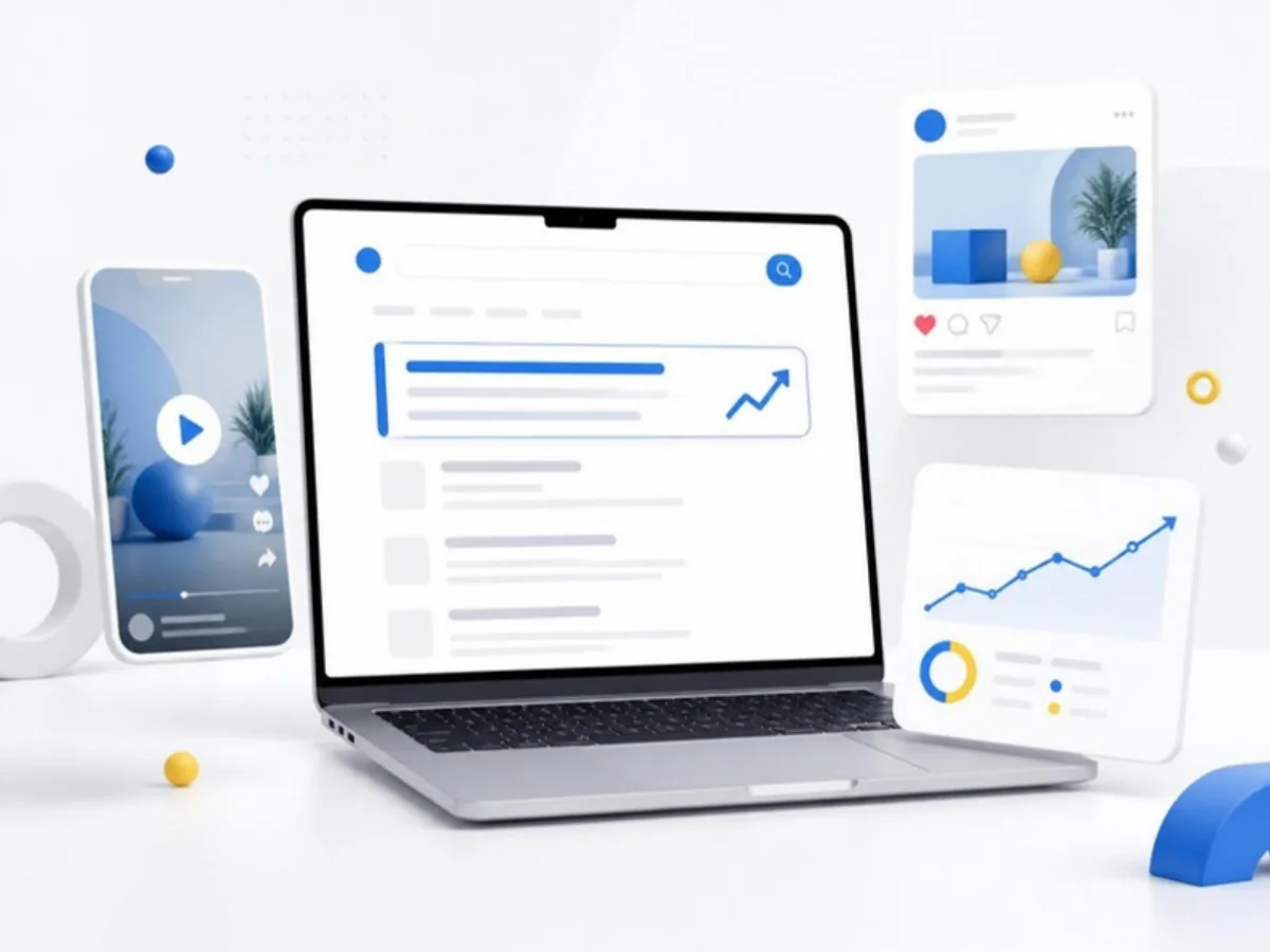 Ilustrasi layanan digital marketing CORIATE: SEO, Google Ads, media sosial, dan video pendek