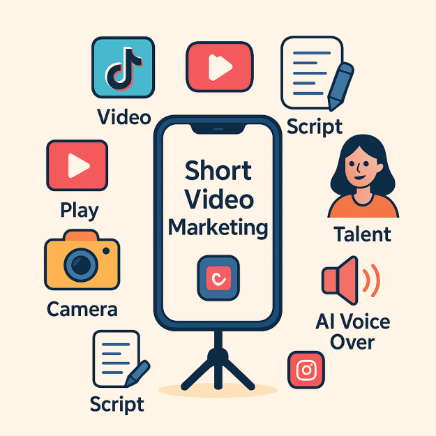 Ilustrasi flat modern menampilkan elemen paket jasa video marketing pendek seperti kamera, naskah/script, talent, voice over AI, ikon TikTok dan Instagram, serta smartphone dengan tulisan "Short Video Marketing".